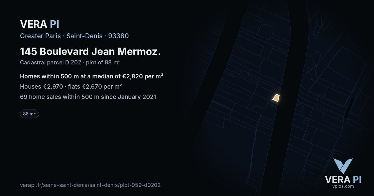 145 Boulevard Jean Mermoz, Saint-Denis at night – the plot lit, the parcels around coloured by the prices near them