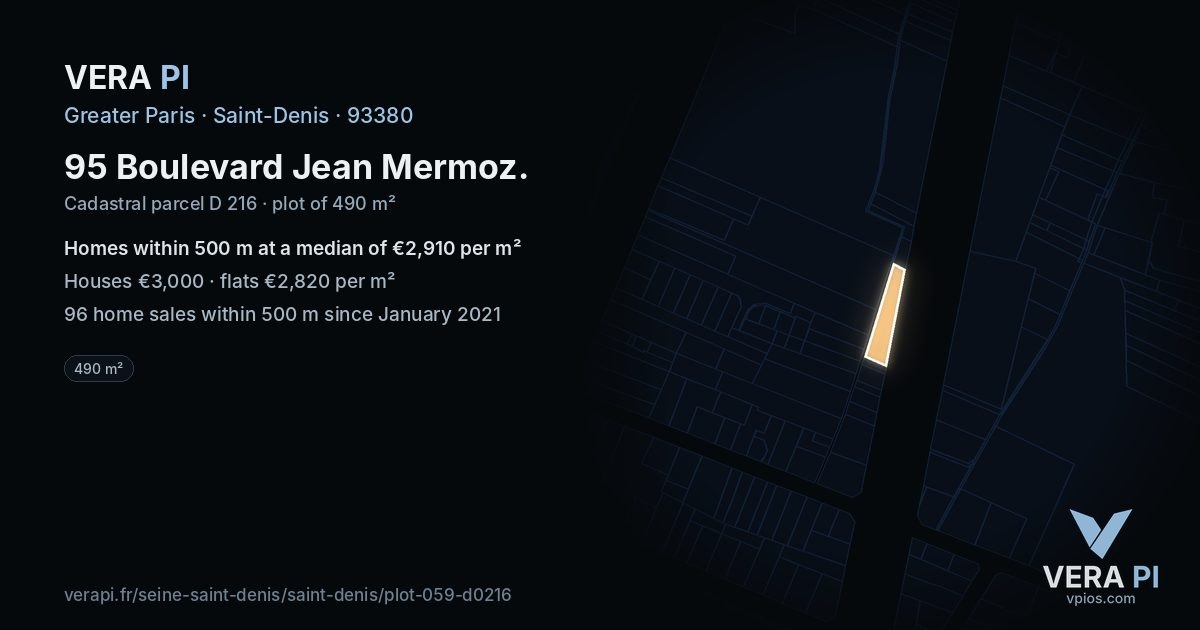 95 Boulevard Jean Mermoz, Saint-Denis at night – the plot lit, the parcels around coloured by the prices near them