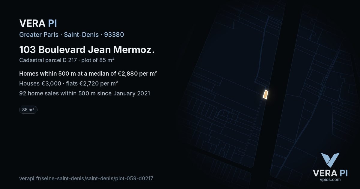103 Boulevard Jean Mermoz, Saint-Denis at night – the plot lit, the parcels around coloured by the prices near them