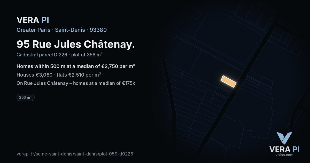 95 Rue Jules Châtenay, Saint-Denis at night – the plot lit, the parcels around coloured by the prices near them