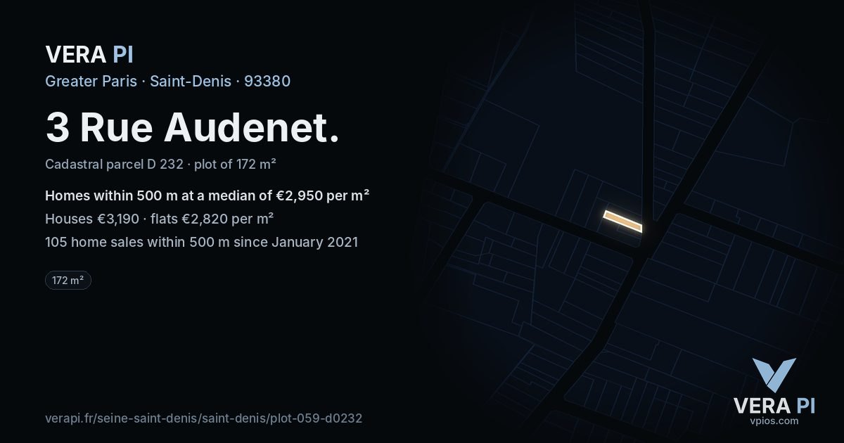3 Rue Audenet, Saint-Denis at night – the plot lit, the parcels around coloured by the prices near them