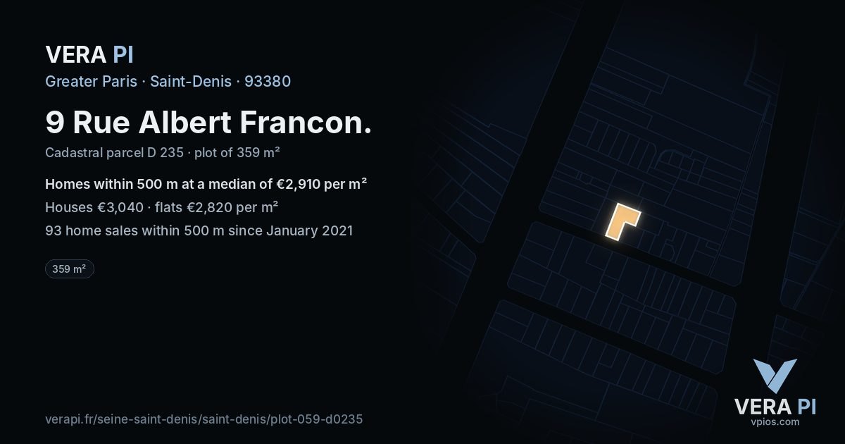 9 Rue Albert Francon, Saint-Denis at night – the plot lit, the parcels around coloured by the prices near them