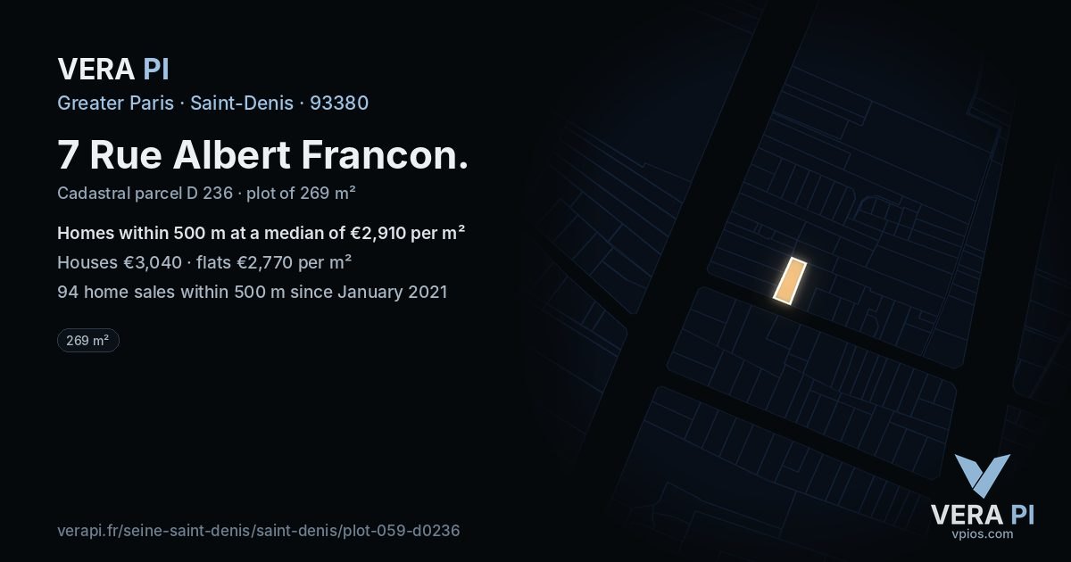 7 Rue Albert Francon, Saint-Denis at night – the plot lit, the parcels around coloured by the prices near them