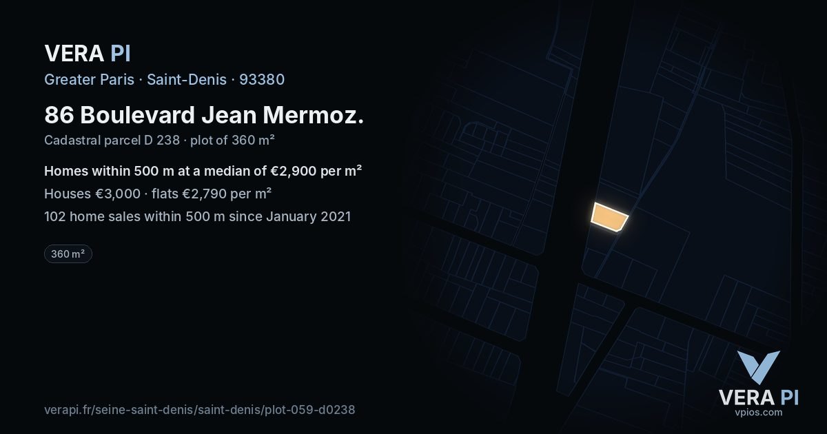 86 Boulevard Jean Mermoz, Saint-Denis at night – the plot lit, the parcels around coloured by the prices near them