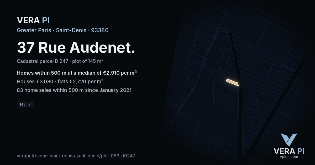 37 Rue Audenet, Saint-Denis at night – the plot lit, the parcels around coloured by the prices near them