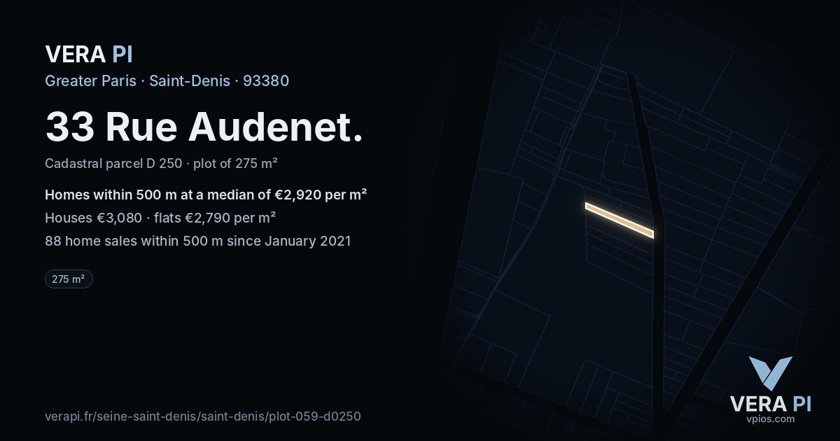 33 Rue Audenet, Saint-Denis at night – the plot lit, the parcels around coloured by the prices near them