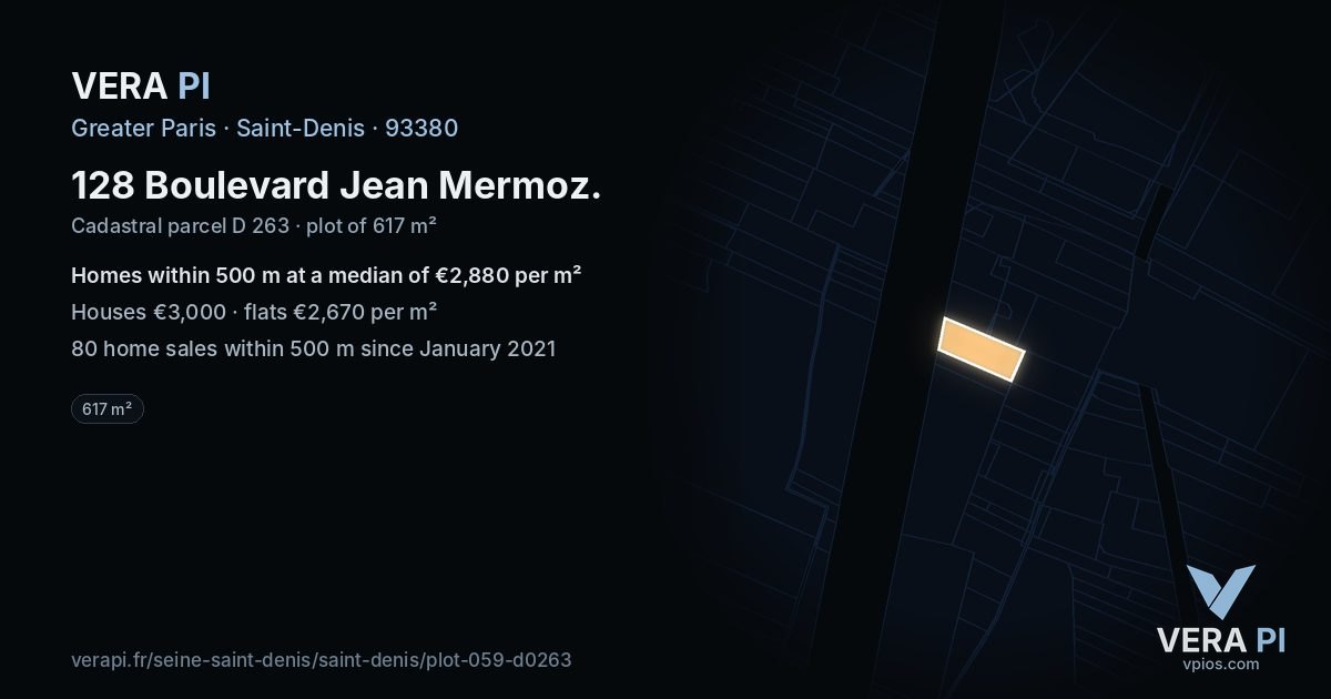 128 Boulevard Jean Mermoz, Saint-Denis at night – the plot lit, the parcels around coloured by the prices near them