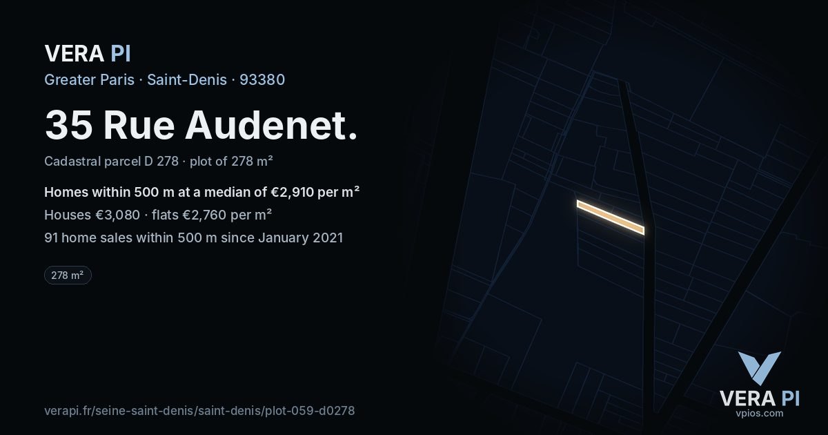 35 Rue Audenet, Saint-Denis at night – the plot lit, the parcels around coloured by the prices near them