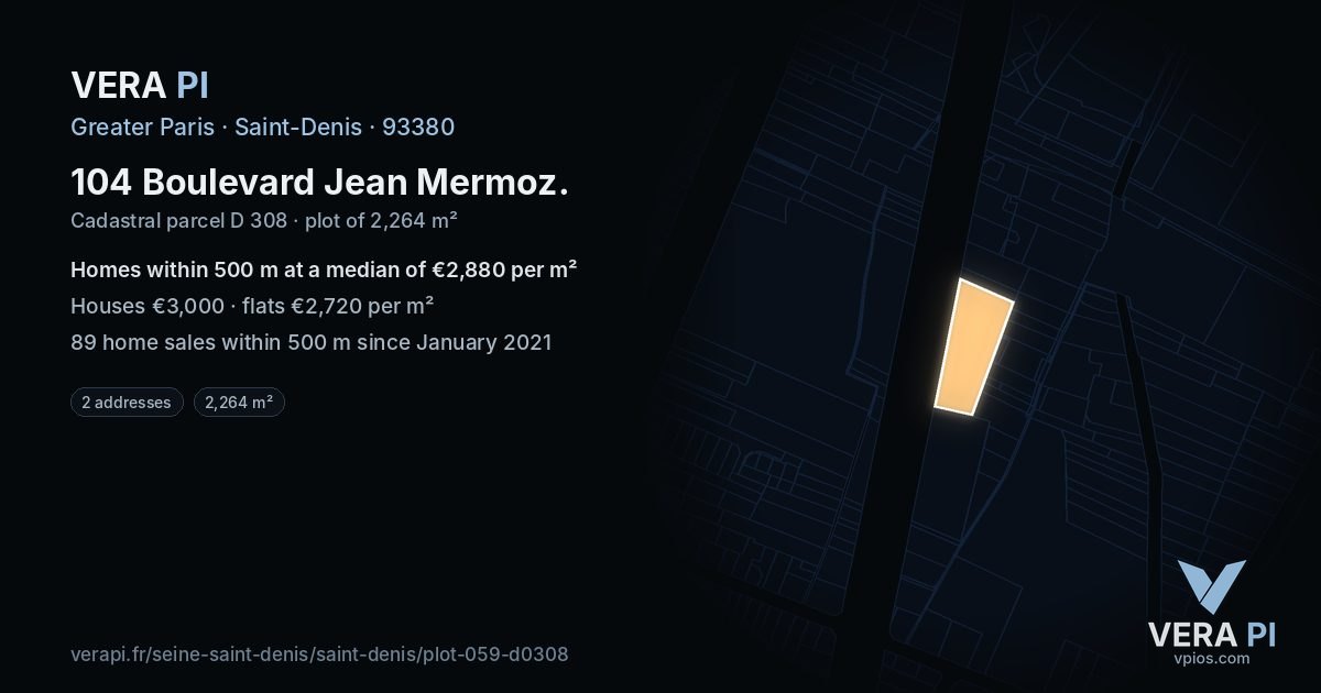 104 Boulevard Jean Mermoz, Saint-Denis at night – the plot lit, the parcels around coloured by the prices near them