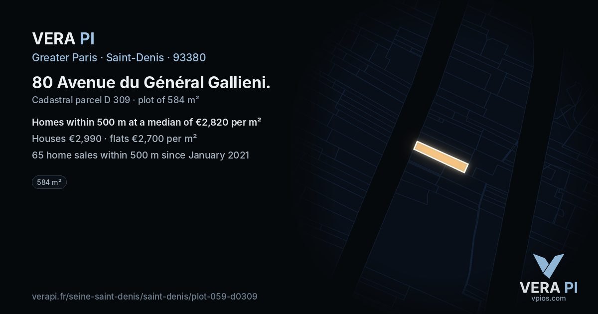 80 Avenue du Général Gallieni, Saint-Denis at night – the plot lit, the parcels around coloured by the prices near them