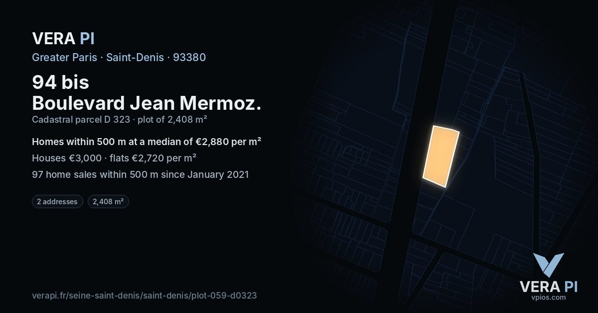 94 bis Boulevard Jean Mermoz, Saint-Denis at night – the plot lit, the parcels around coloured by the prices near them