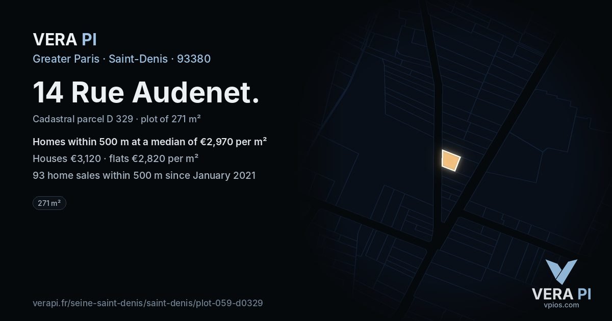 14 Rue Audenet, Saint-Denis at night – the plot lit, the parcels around coloured by the prices near them