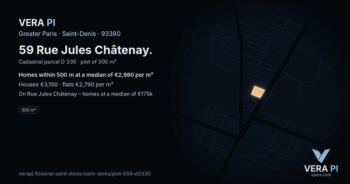 59 Rue Jules Châtenay, Saint-Denis at night – the plot lit, the parcels around coloured by the prices near them
