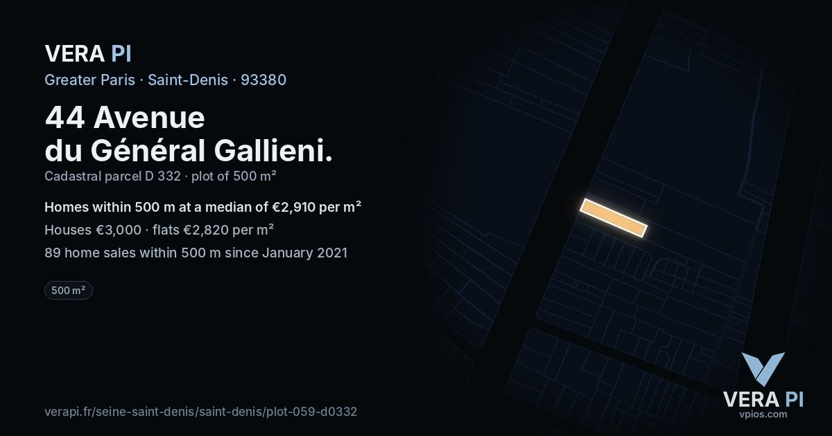 44 Avenue du Général Gallieni, Saint-Denis at night – the plot lit, the parcels around coloured by the prices near them