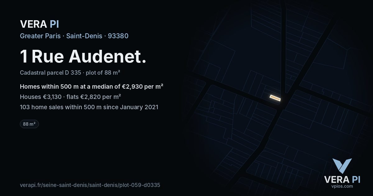 1 Rue Audenet, Saint-Denis at night – the plot lit, the parcels around coloured by the prices near them