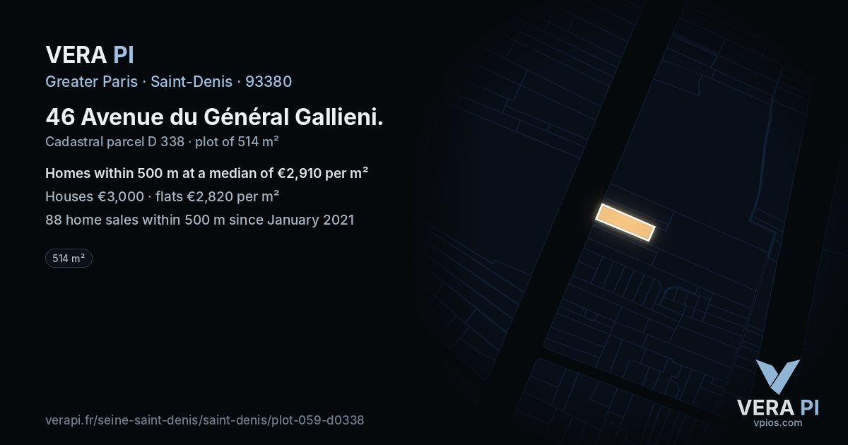 46 Avenue du Général Gallieni, Saint-Denis at night – the plot lit, the parcels around coloured by the prices near them
