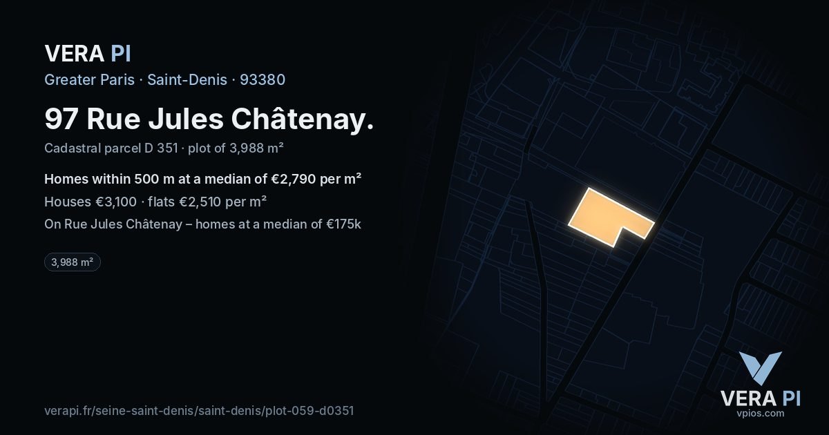 97 Rue Jules Châtenay, Saint-Denis at night – the plot lit, the parcels around coloured by the prices near them