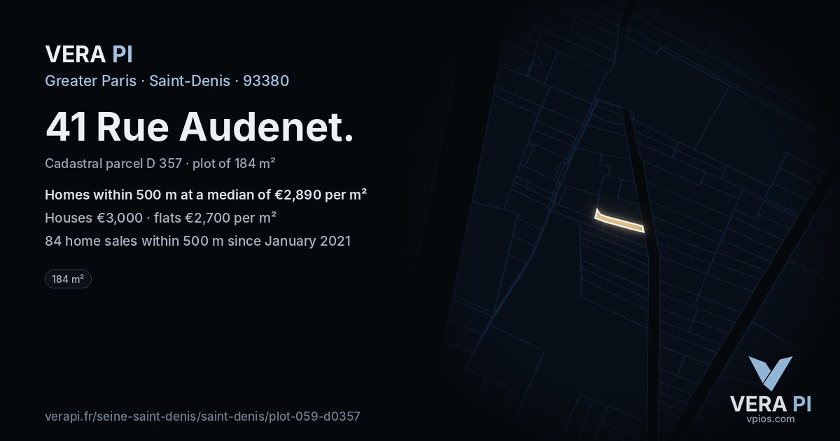 41 Rue Audenet, Saint-Denis at night – the plot lit, the parcels around coloured by the prices near them