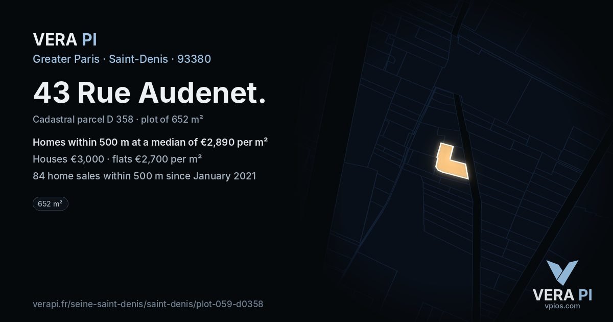 43 Rue Audenet, Saint-Denis at night – the plot lit, the parcels around coloured by the prices near them