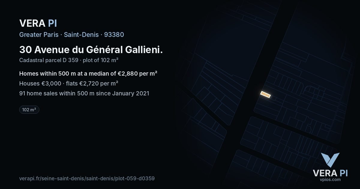 30 Avenue du Général Gallieni, Saint-Denis at night – the plot lit, the parcels around coloured by the prices near them