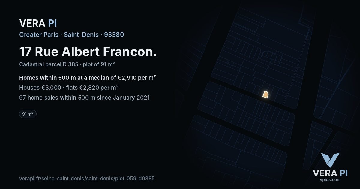 17 Rue Albert Francon, Saint-Denis at night – the plot lit, the parcels around coloured by the prices near them