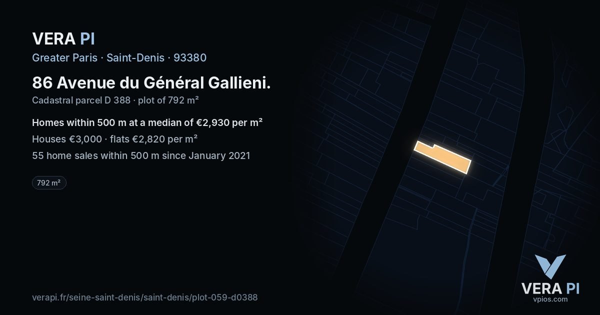 86 Avenue du Général Gallieni, Saint-Denis at night – the plot lit, the parcels around coloured by the prices near them