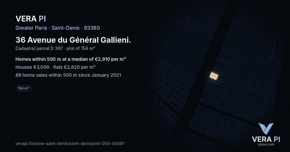 36 Avenue du Général Gallieni, Saint-Denis at night – the plot lit, the parcels around coloured by the prices near them