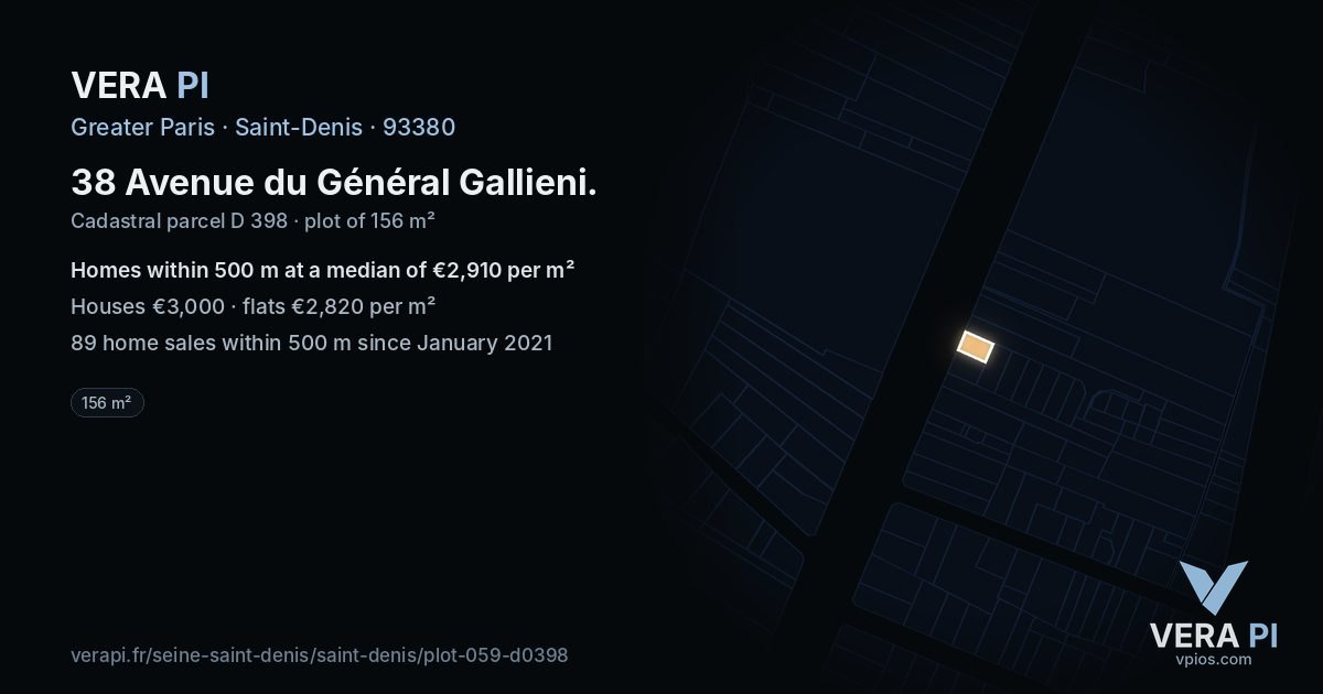 38 Avenue du Général Gallieni, Saint-Denis at night – the plot lit, the parcels around coloured by the prices near them