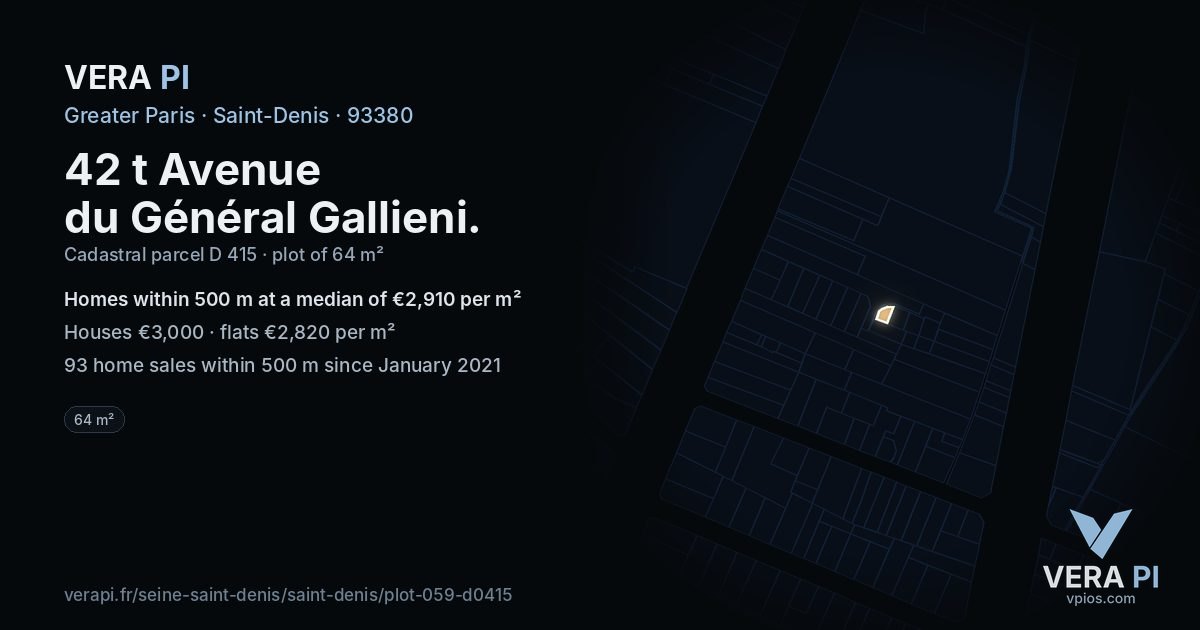 42 t Avenue du Général Gallieni, Saint-Denis at night – the plot lit, the parcels around coloured by the prices near them