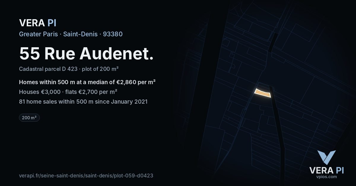 55 Rue Audenet, Saint-Denis at night – the plot lit, the parcels around coloured by the prices near them