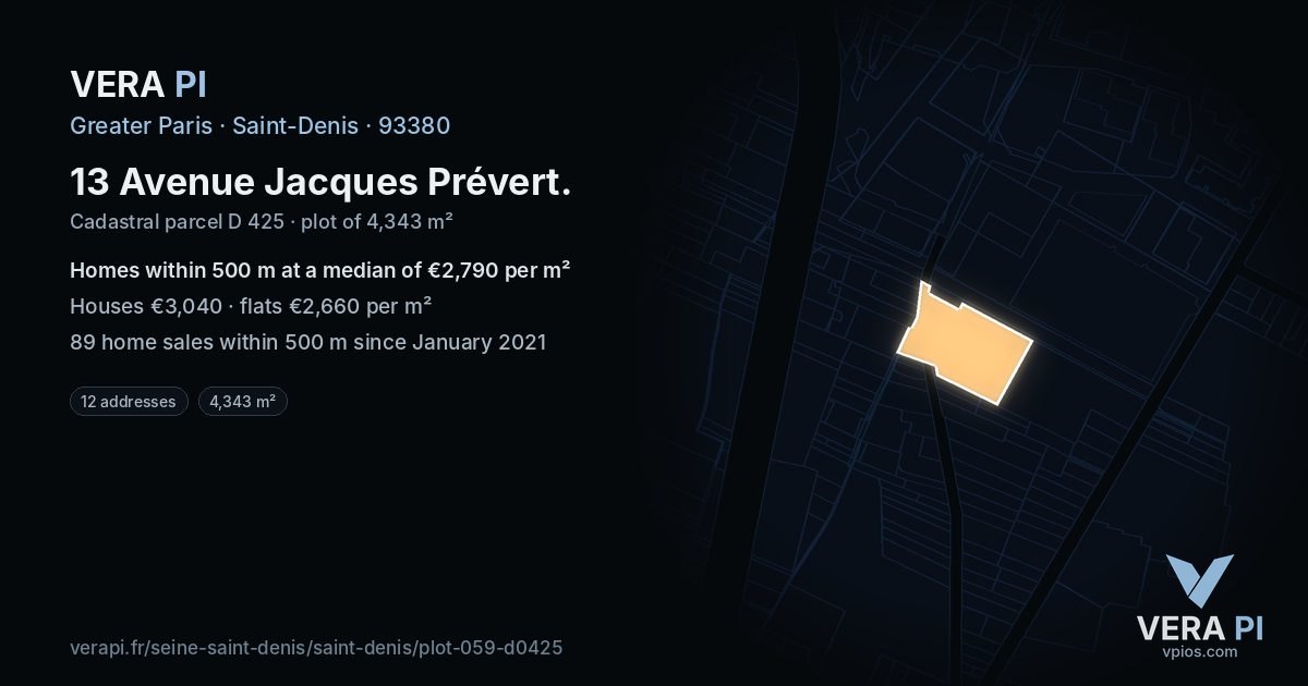 13 Avenue Jacques Prévert, Saint-Denis at night – the plot lit, the parcels around coloured by the prices near them