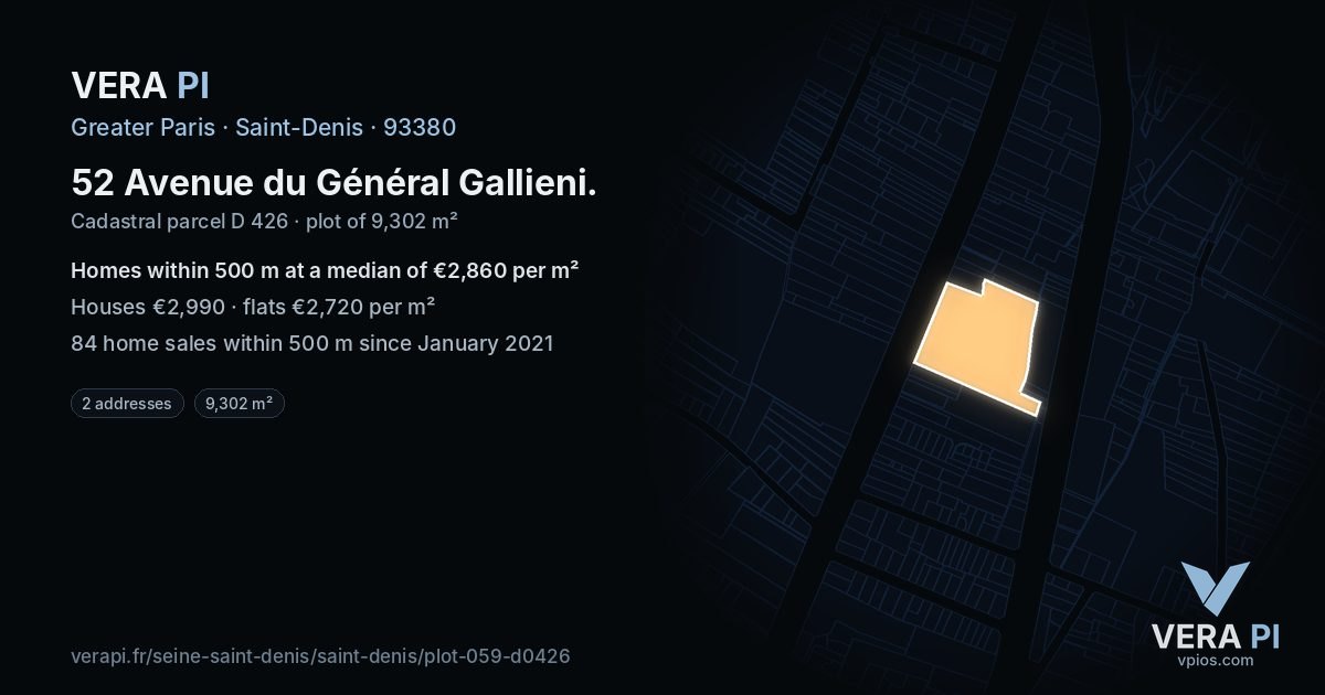 52 Avenue du Général Gallieni, Saint-Denis at night – the plot lit, the parcels around coloured by the prices near them