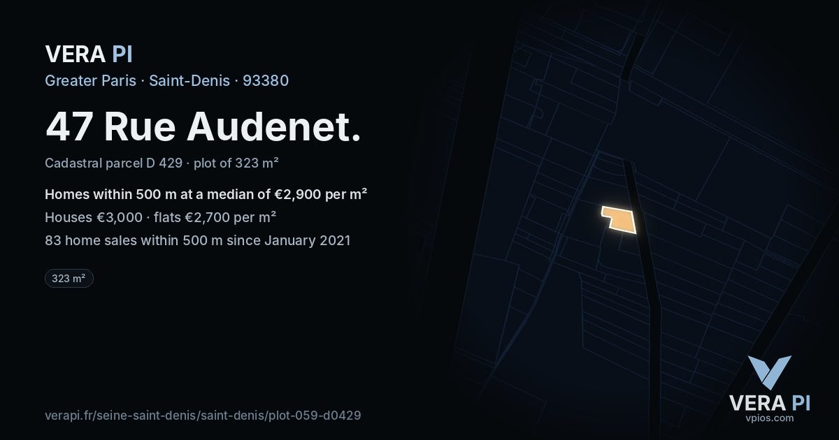 47 Rue Audenet, Saint-Denis at night – the plot lit, the parcels around coloured by the prices near them