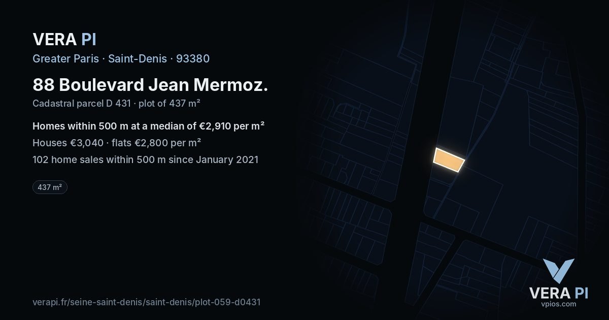 88 Boulevard Jean Mermoz, Saint-Denis at night – the plot lit, the parcels around coloured by the prices near them