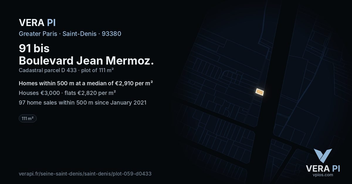 91 bis Boulevard Jean Mermoz, Saint-Denis at night – the plot lit, the parcels around coloured by the prices near them
