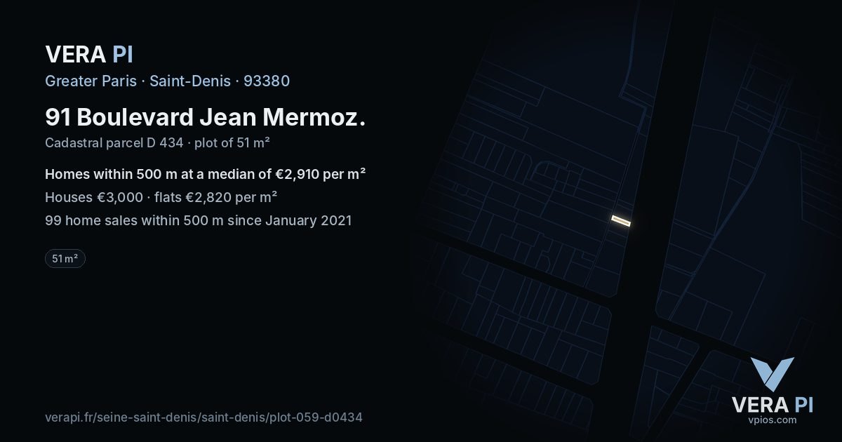91 Boulevard Jean Mermoz, Saint-Denis at night – the plot lit, the parcels around coloured by the prices near them