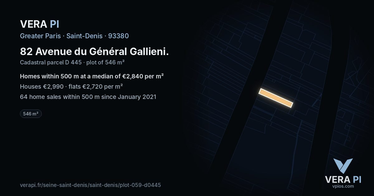 82 Avenue du Général Gallieni, Saint-Denis at night – the plot lit, the parcels around coloured by the prices near them