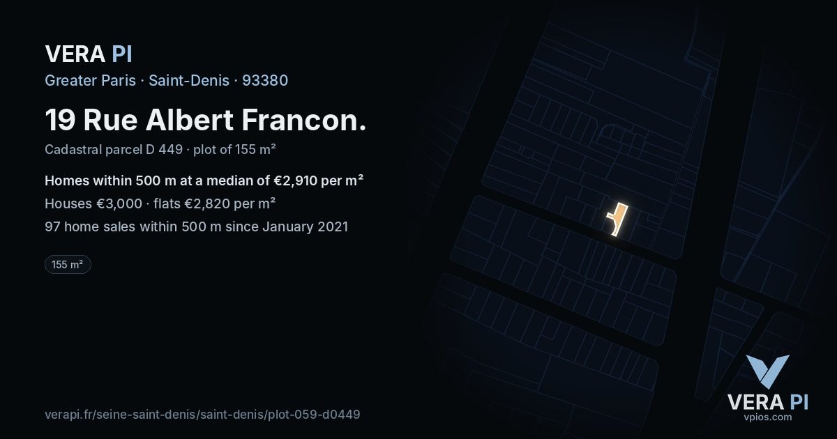 19 Rue Albert Francon, Saint-Denis at night – the plot lit, the parcels around coloured by the prices near them