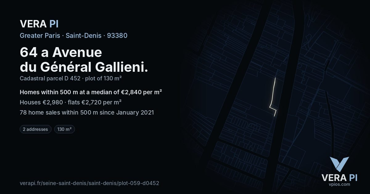 64 a Avenue du Général Gallieni, Saint-Denis at night – the plot lit, the parcels around coloured by the prices near them