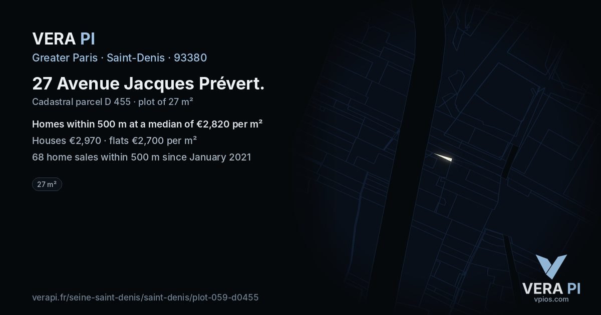 27 Avenue Jacques Prévert, Saint-Denis at night – the plot lit, the parcels around coloured by the prices near them