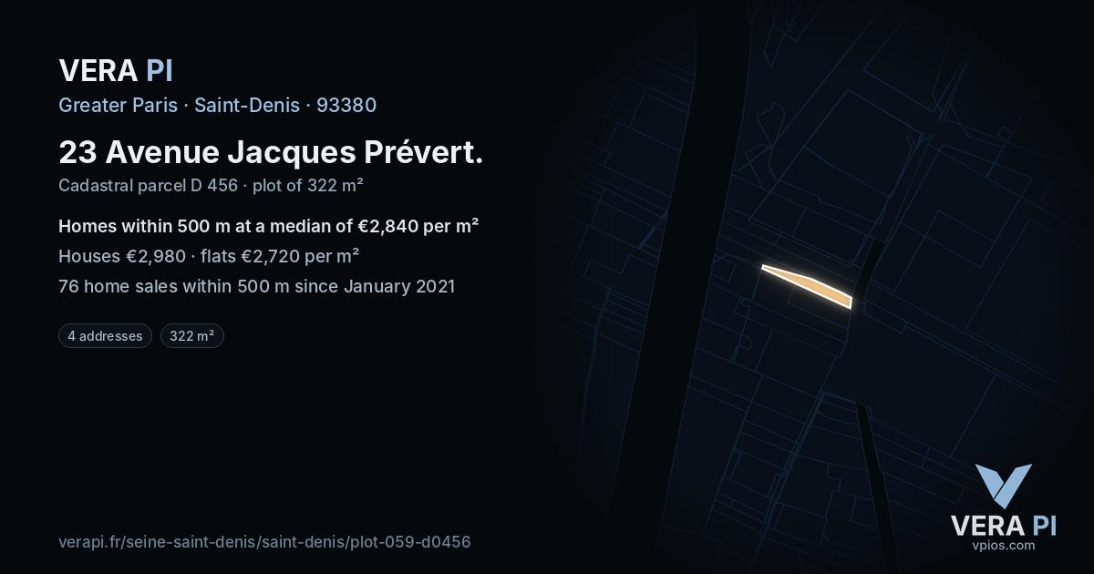 23 Avenue Jacques Prévert, Saint-Denis at night – the plot lit, the parcels around coloured by the prices near them