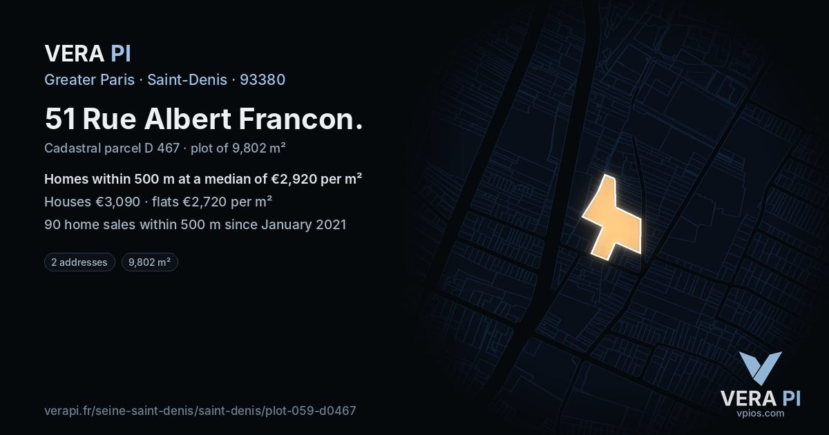 51 Rue Albert Francon, Saint-Denis at night – the plot lit, the parcels around coloured by the prices near them