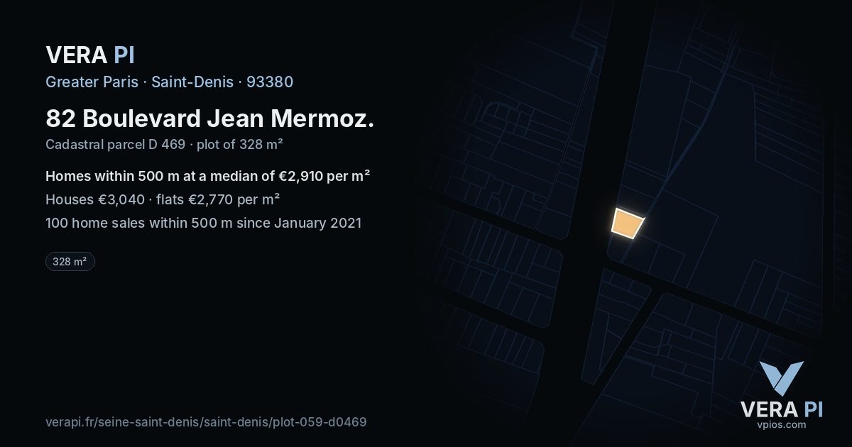 82 Boulevard Jean Mermoz, Saint-Denis at night – the plot lit, the parcels around coloured by the prices near them