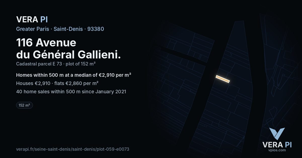 116 Avenue du Général Gallieni, Saint-Denis at night – the plot lit, the parcels around coloured by the prices near them