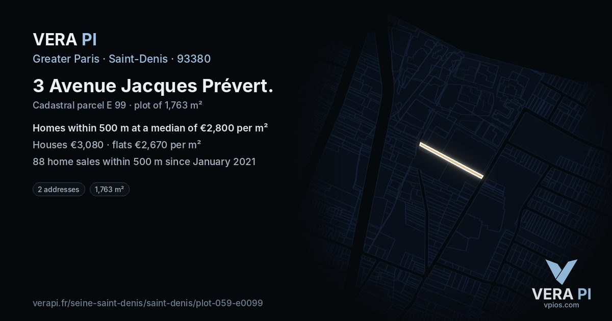 3 Avenue Jacques Prévert, Saint-Denis at night – the plot lit, the parcels around coloured by the prices near them