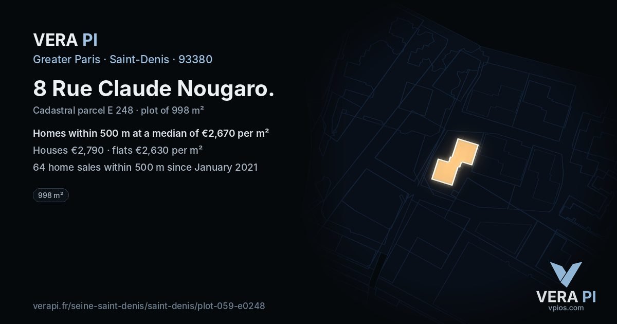 8 Rue Claude Nougaro, Saint-Denis at night – the plot lit, the parcels around coloured by the prices near them
