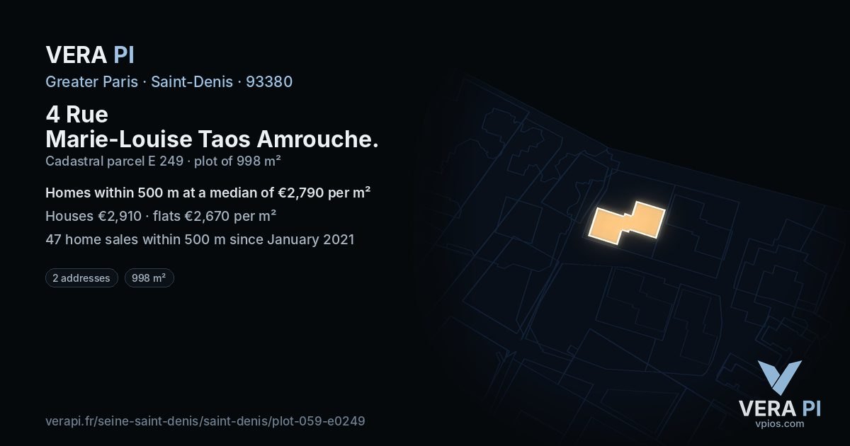 4 Rue Marie-Louise Taos Amrouche, Saint-Denis at night – the plot lit, the parcels around coloured by the prices near them