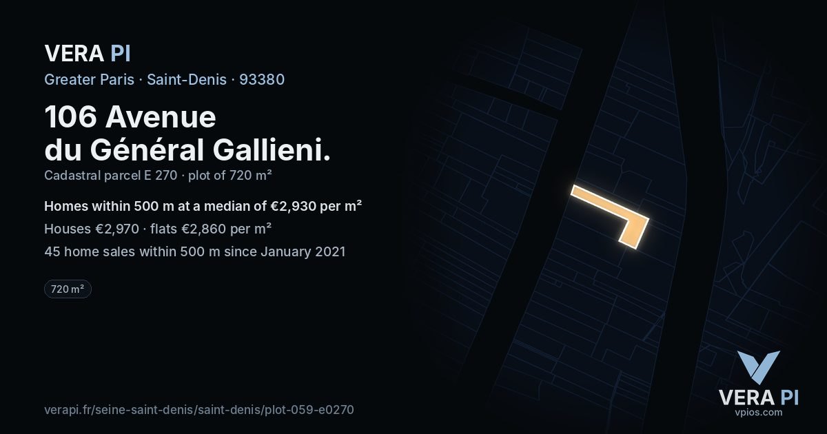 106 Avenue du Général Gallieni, Saint-Denis at night – the plot lit, the parcels around coloured by the prices near them
