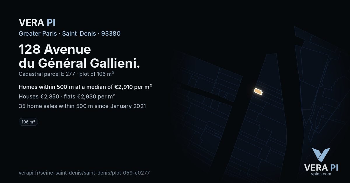 128 Avenue du Général Gallieni, Saint-Denis at night – the plot lit, the parcels around coloured by the prices near them