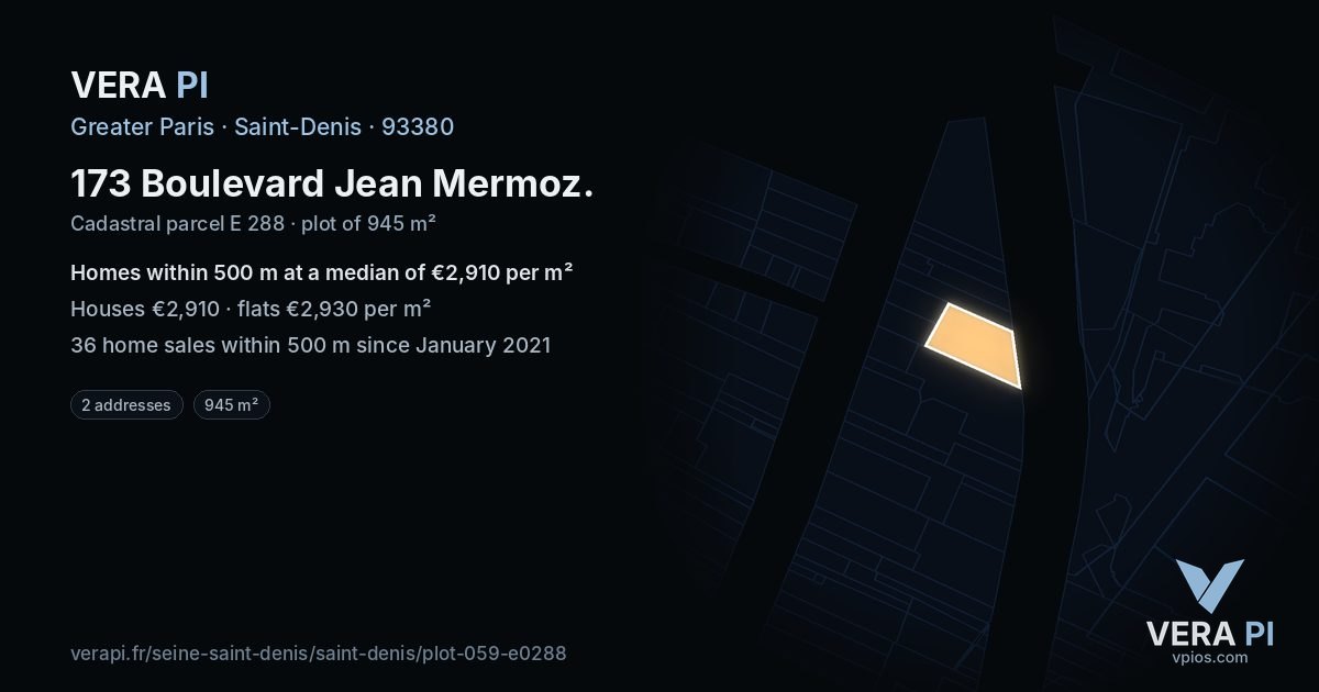 173 Boulevard Jean Mermoz, Saint-Denis at night – the plot lit, the parcels around coloured by the prices near them